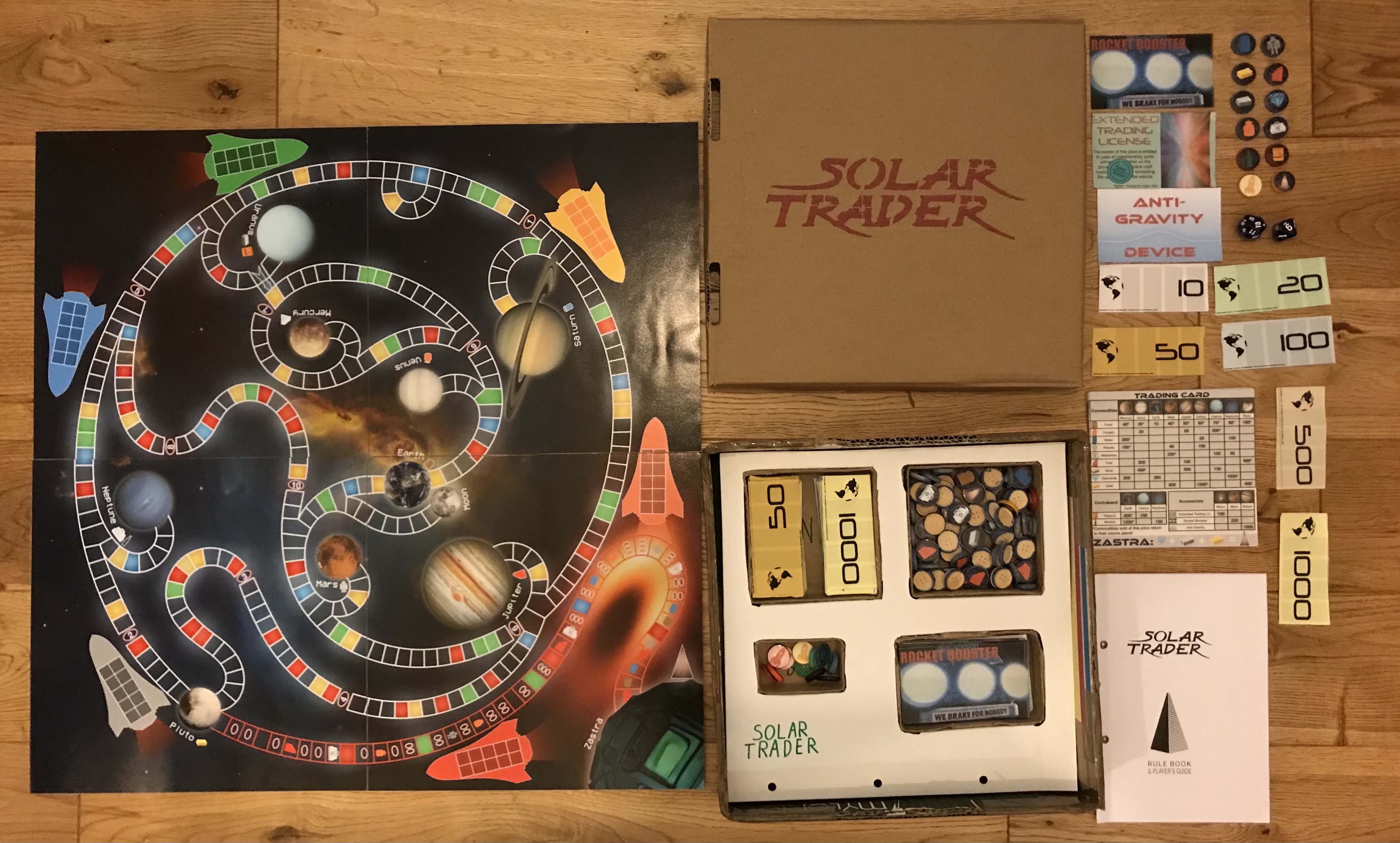 The board, box and pieces I made for my copy of Solar Trader.