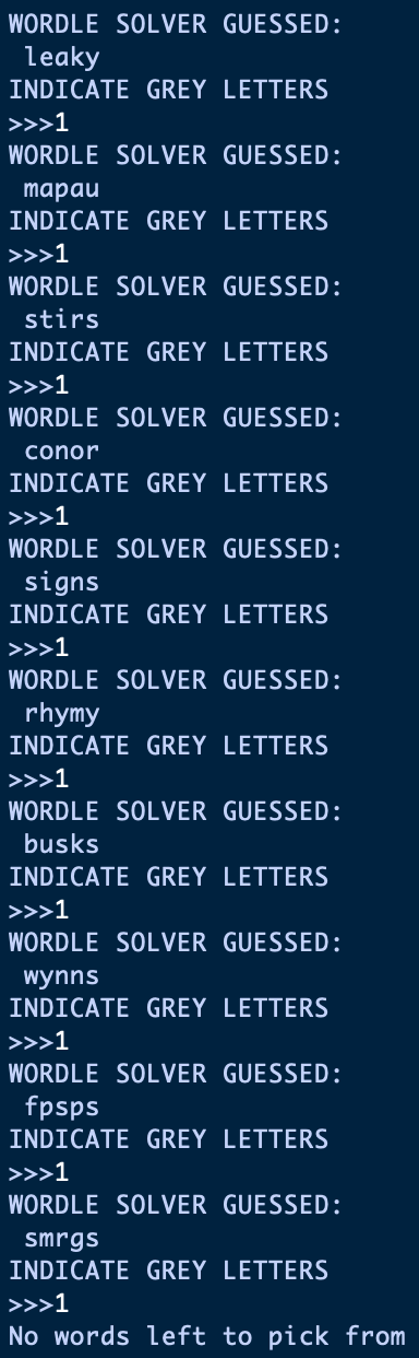 An early version of the programme with only the ability to eliminate letters from subsequent guesses, with some humorous results.