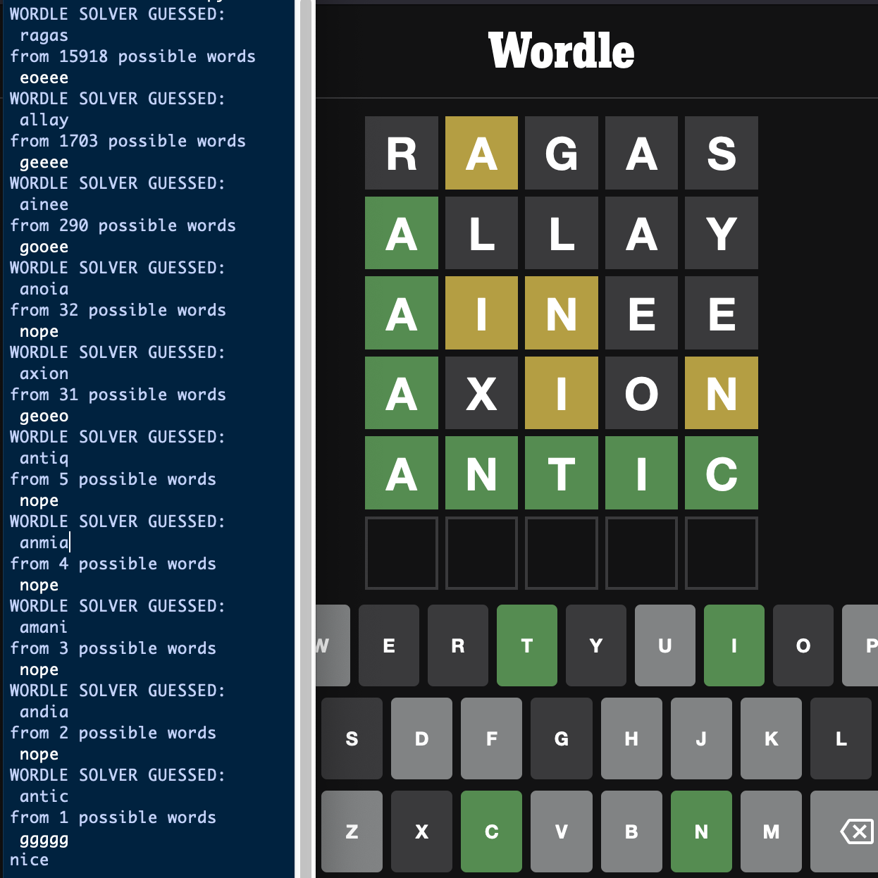 The Wordle Solver working on the 2022-01-03 puzzle