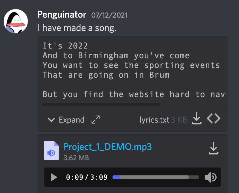 Me: 'I have made a song.' (the lyrics and a demo are attached to the message)