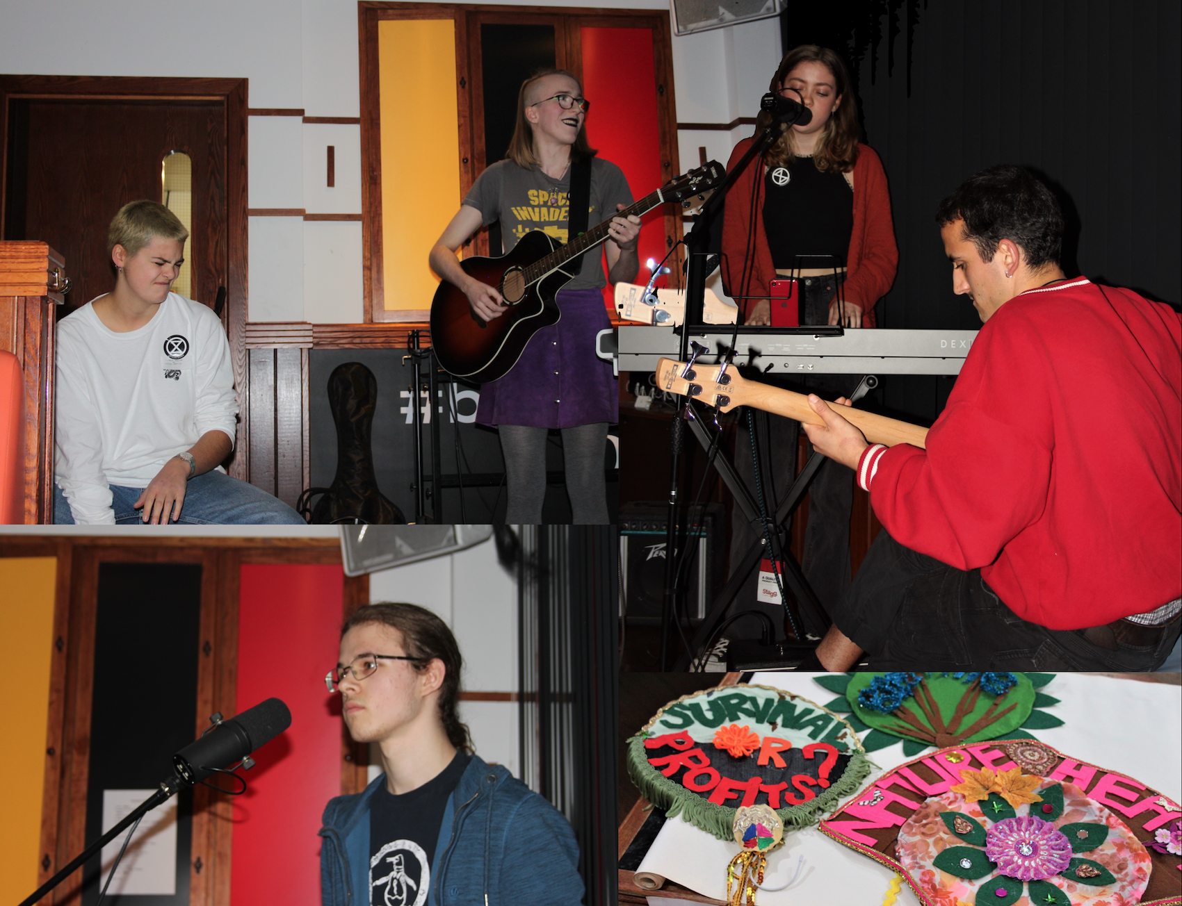 A dodgy photo collage of the Frogs and myself at the COP 26 Cabaret, put on by the UoB Climate Justice Movement.